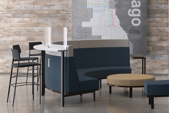 Connect curved media unit with stand-up surface and Cym stools