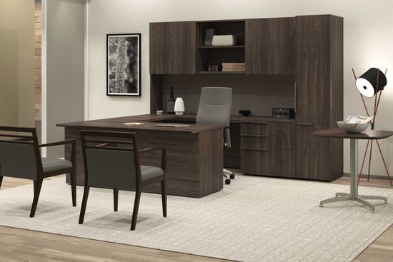 Flux Casegoods with Protocol Swivel Chair and Sosa Guest Seating