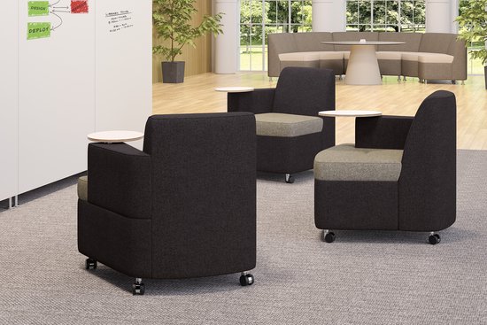 Moto club chairs with tablet arms and casegoods with markerboard back