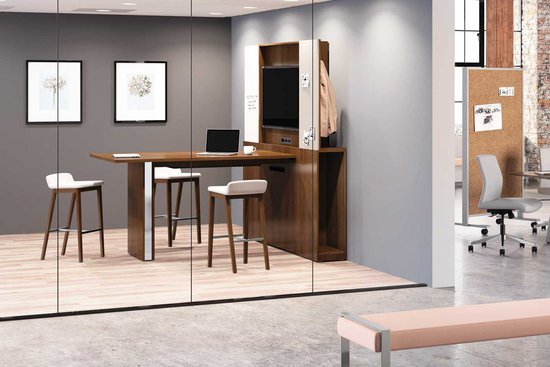 native media wall, table, mobile board and bench with Bourne stools and proxy swivel chairs