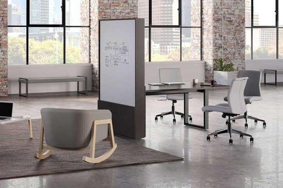 Native media wall space divider with runoff table, shown with Proxy and Indie seating